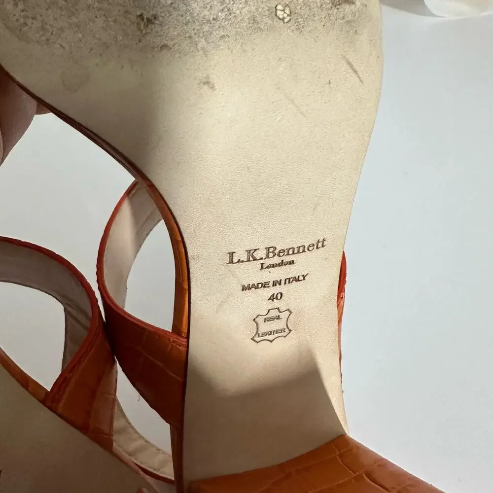 LK Bennett Women's Rhiannon Tangerine Crocodile Embossed Sandal Heels Size 40